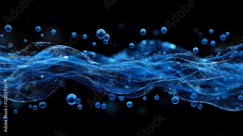 Flowing Blue Water Waves with Bubbles on Black Background
