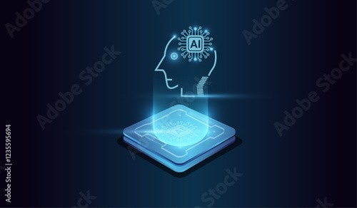 the CPU processor Computer microchip for Abstract digital vector illustration. and artifical intelligence technology concept on Brightly glowing AI chip with light circuit board on technology.