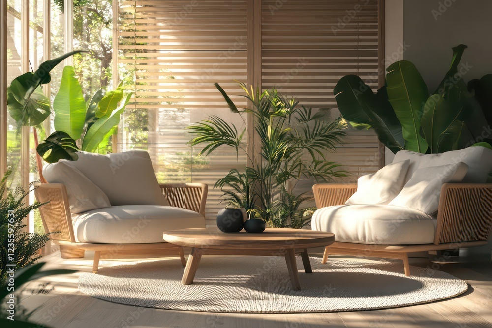 A bright Japandi-inspired space with cozy armchairs, a simple coffee table, and plants. = A bright Japandi-inspired space with cozy armchairs, a simple coffee table, and plants. =