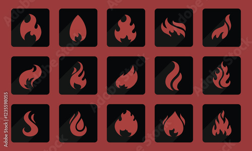 Set of 15 fire icons, red theme