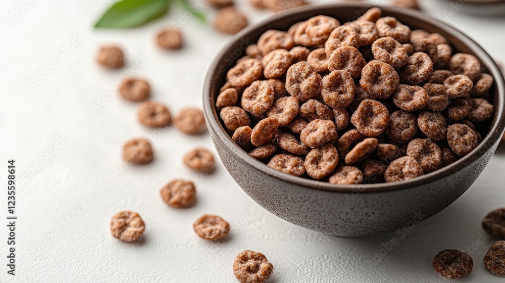 A close-up of a bowl filled with chocolate cereal rings, surrounded by scattered pieces and green leaves A close-up of a bowl filled with chocolate cereal rings, surrounded by scattered pieces and green leaves