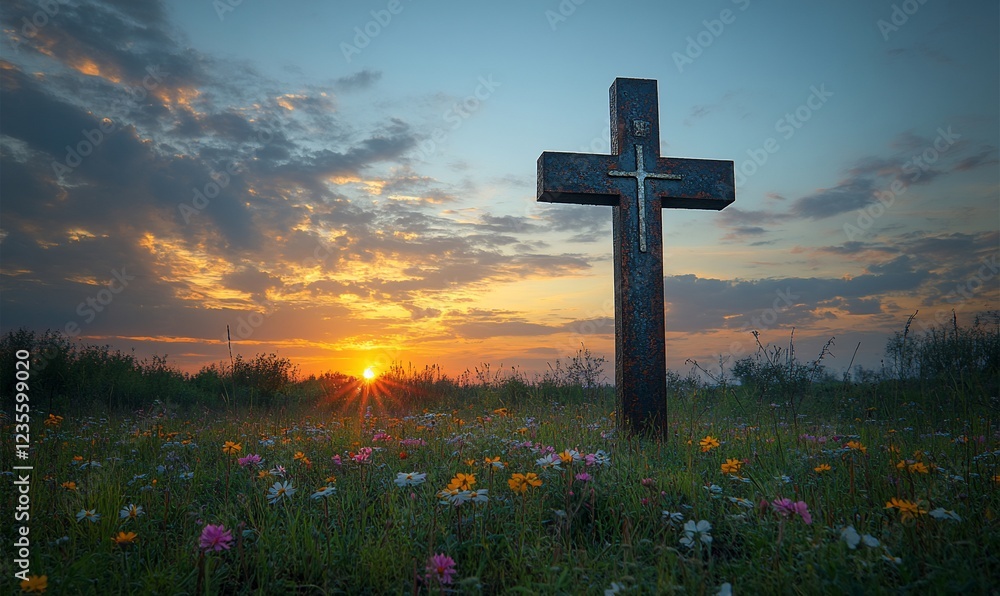 Dark Cross in Vibrant Wildflower Field at Sunrise Dark Cross in Vibrant Wildflower Field at Sunrise