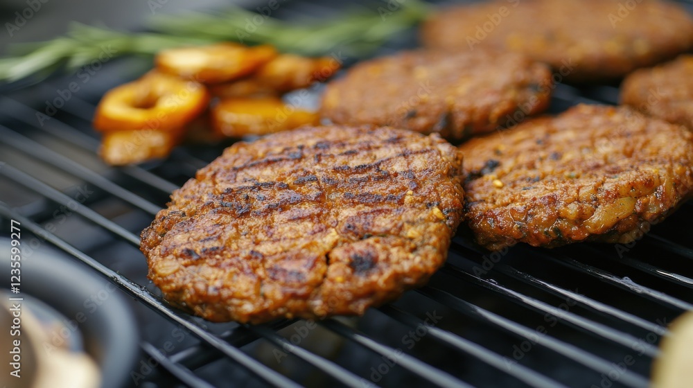 Grilled plant-based patties sizzling on a barbecue grill with herbs and fruits in the background Grilled plant-based patties sizzling on a barbecue grill with herbs and fruits in the background
