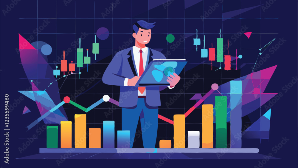 Fototapeta premium Futuristic Digital Businessman Analyzing Stock Market Growth with Holographic Candlestick Charts and Low Poly Wireframe Design