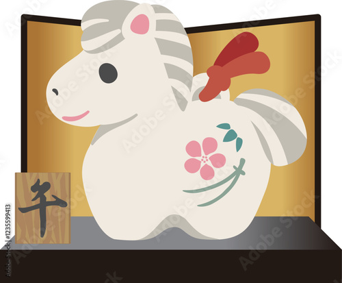 年賀2026　年賀状2026　馬　午　土鈴　干支　金屏風　かわいい　シンプル　デザイン　イラスト素材