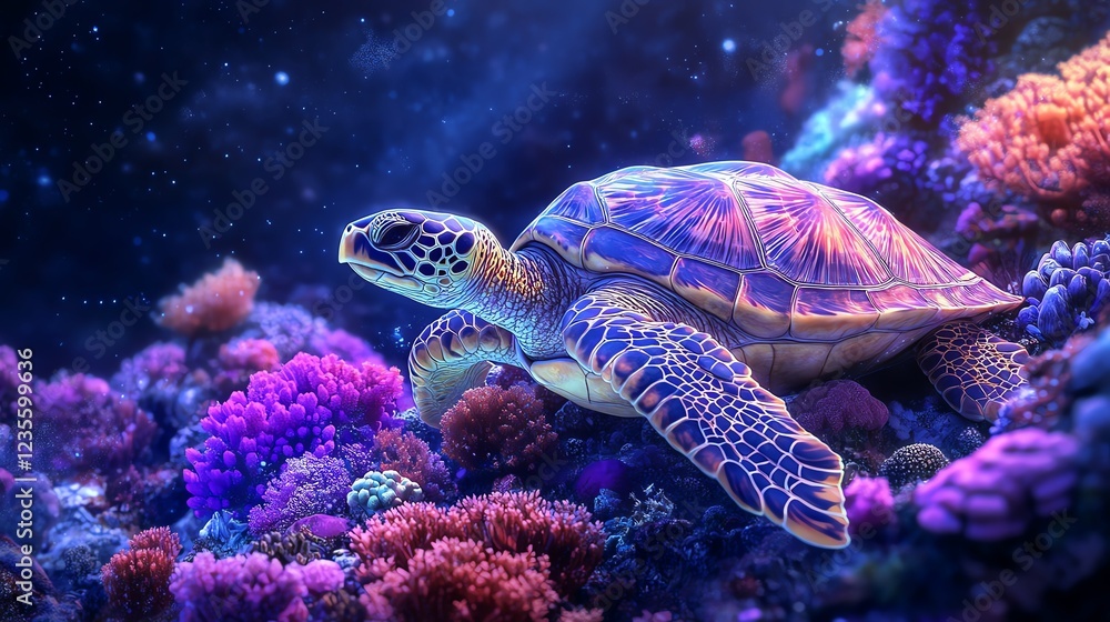 Fototapeta premium Colorful turtle swimming through coral reef.