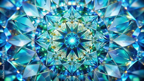 Close-up detail of a diamond with intricate kaleidoscope patterns surrounding it, revealing shades of blue and green hues under the light, closeup, diamond