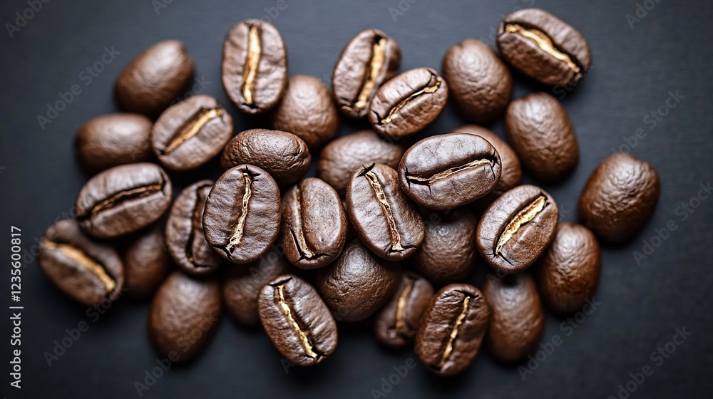 Fototapeta premium Dark Roasted Coffee Beans On Black Background