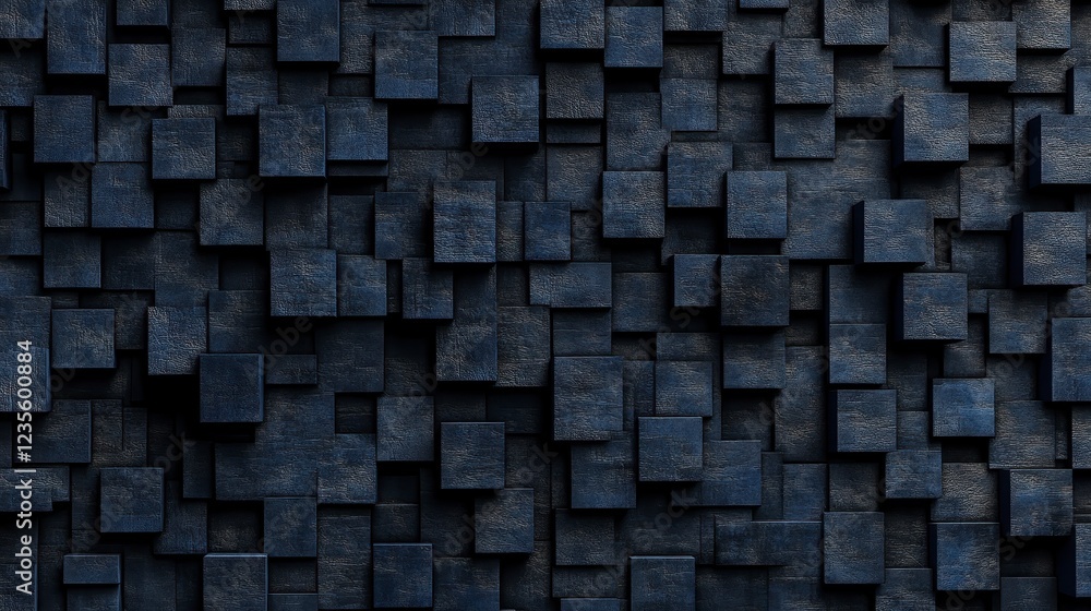 Abstract background texture of dark blue and black cubic shapes, creating a three dimensional geometric pattern with subtle variations in shading and Abstract background texture of dark blue and black cubic shapes, creating a three dimensional geometric pattern with subtle variations in shading and