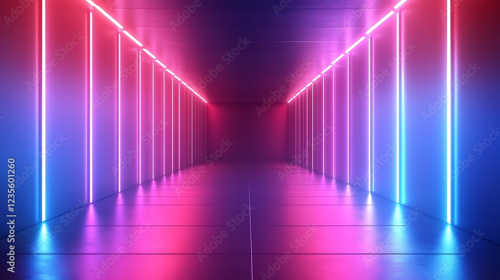 A futuristic corridor illuminated with vibrant pink and blue neon lights. A futuristic corridor illuminated with vibrant pink and blue neon lights.