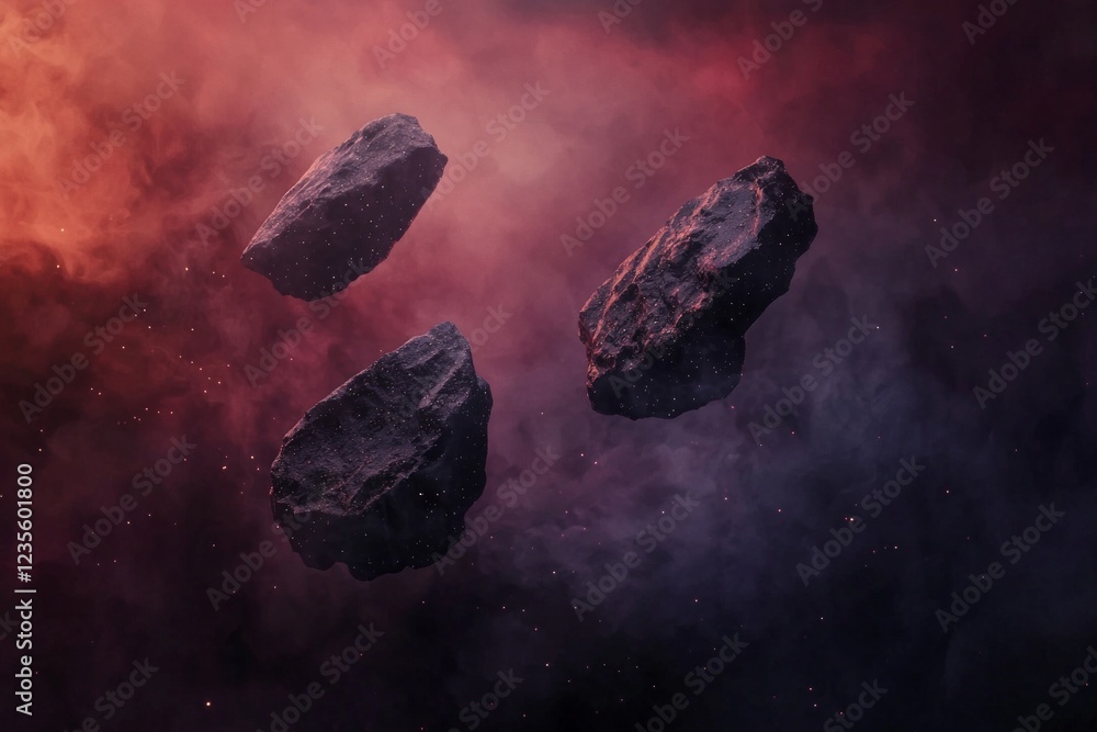 Naklejka premium A few floating rocks in space, a dark red and black color gradient, cinematic lighting, and a smoke background.