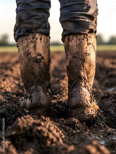 Weathered Farmer's Boots Caked in Mud Amid a Freshly Plowed Field