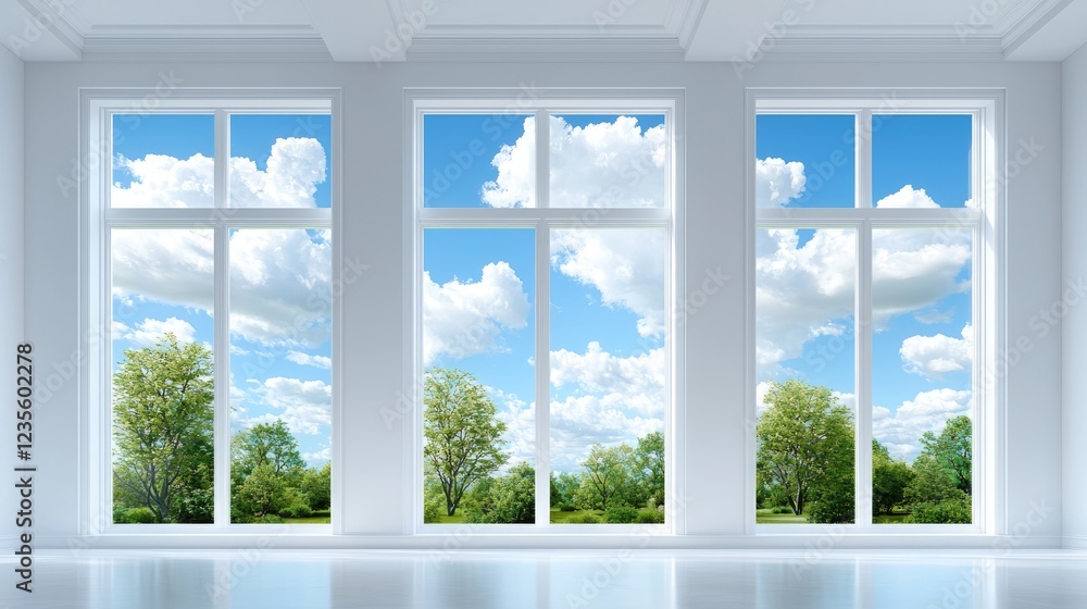 Sunny view from large windows in a white room Sunny view from large windows in a white room