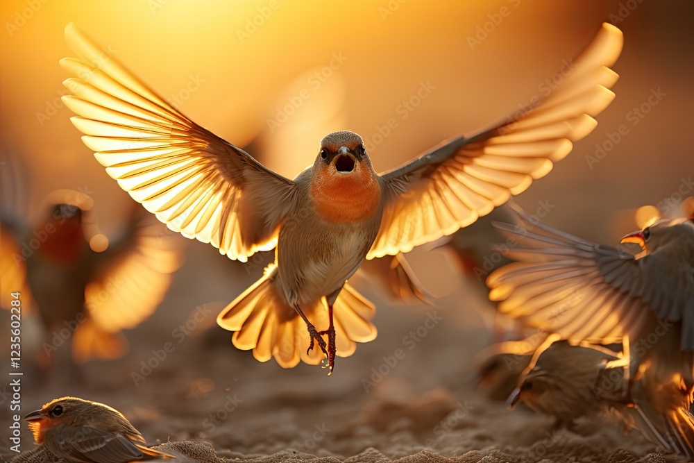 Obraz premium A bird with wings outstretched in golden sunset light, surrounded by a flock.