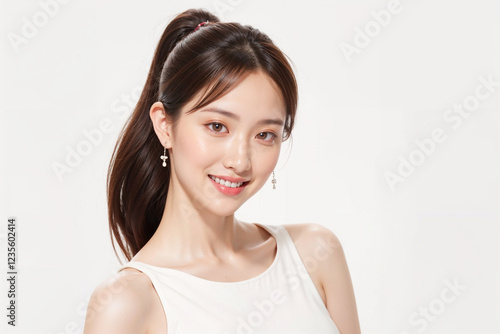 A woman with long hair and a ponytail is smiling and wearing earrings
