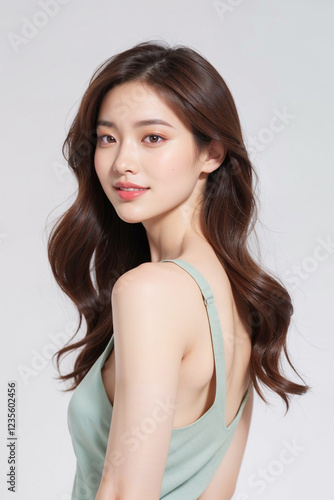 A woman with long brown hair is wearing a green tank top