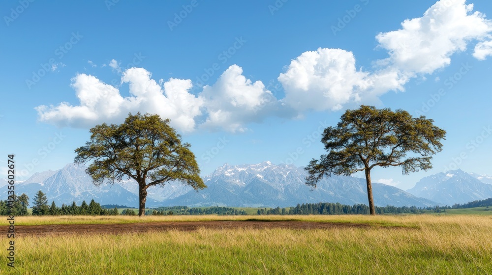 Two Trees in a Field with Mountain Range Background Two Trees in a Field with Mountain Range Background