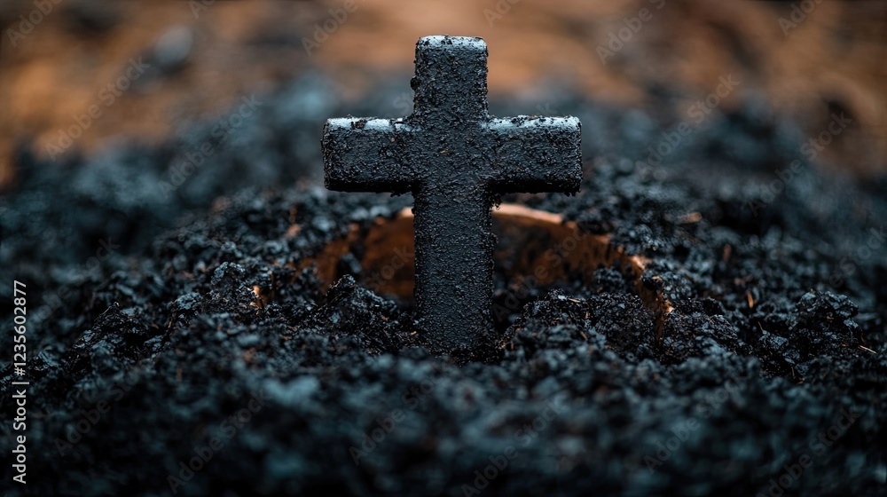 A dark wooden cross stands in freshly turned earth, symbolizing death, faith, or loss. A dark wooden cross stands in freshly turned earth, symbolizing death, faith, or loss.