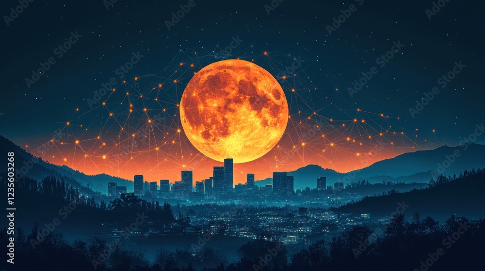 Networked Blood Moon over Cityscape Networked Blood Moon over Cityscape