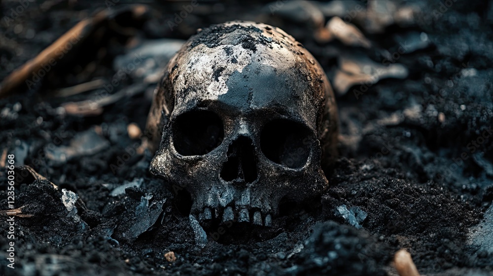 A human skull rests in dark, ashen soil, amidst remnants of fire. A human skull rests in dark, ashen soil, amidst remnants of fire.