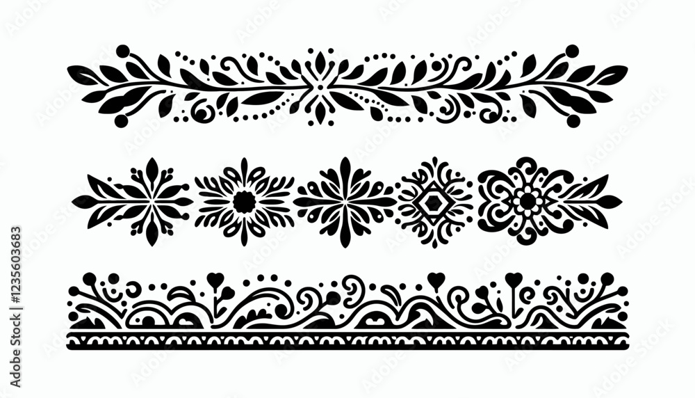 Obraz premium Black floral decorative borders with intricate designs and patterns.