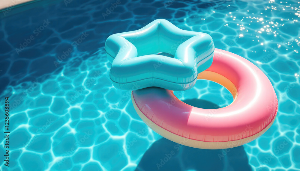Floating star and ring pool toys in sunlit blue water Floating star and ring pool toys in sunlit blue water
