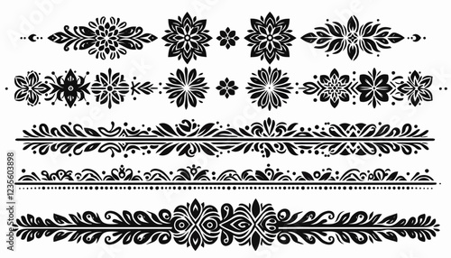 Collection of elegant black floral and foliage decorative elements.