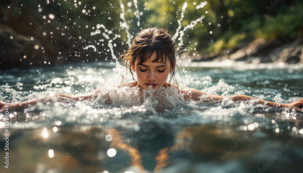 Fototapeta premium Young caucasian woman enjoying refreshing swim in serene river