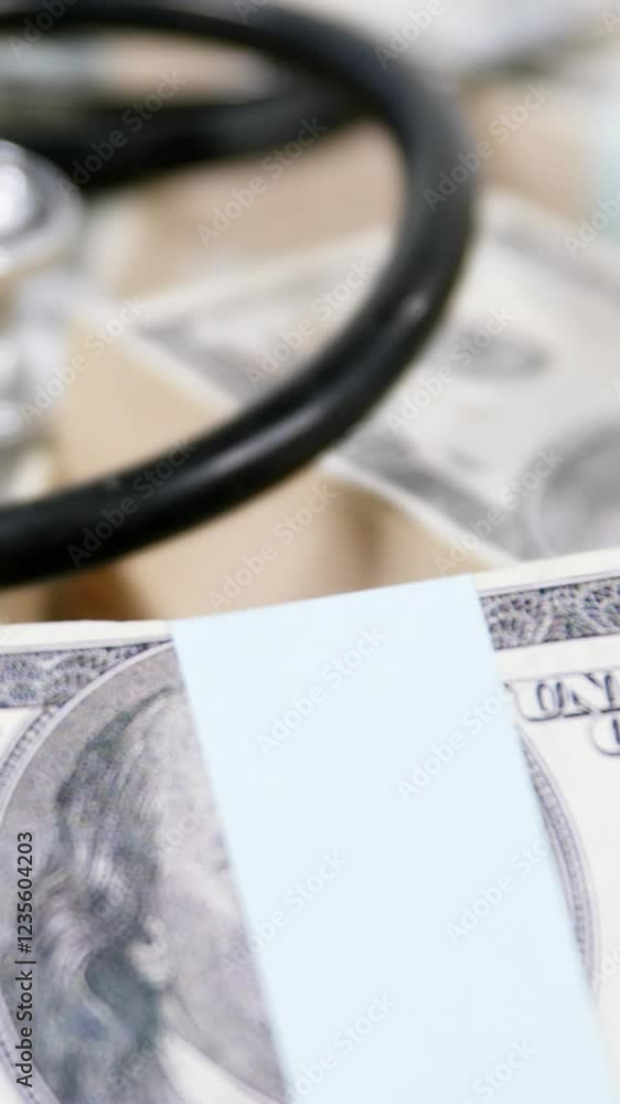Stethoscope laying on stacks of hundred dollar currency Stethoscope laying on stacks of hundred dollar currency