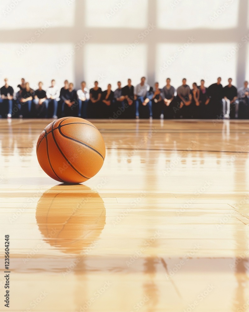 Naklejka premium A basketball rolls across a shiny gym floor, with a row of people seated in the background, creating a dynamic sports atmosphere.