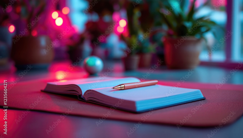 Open notebook with pen on table in relaxing pink ambient light Open notebook with pen on table in relaxing pink ambient light