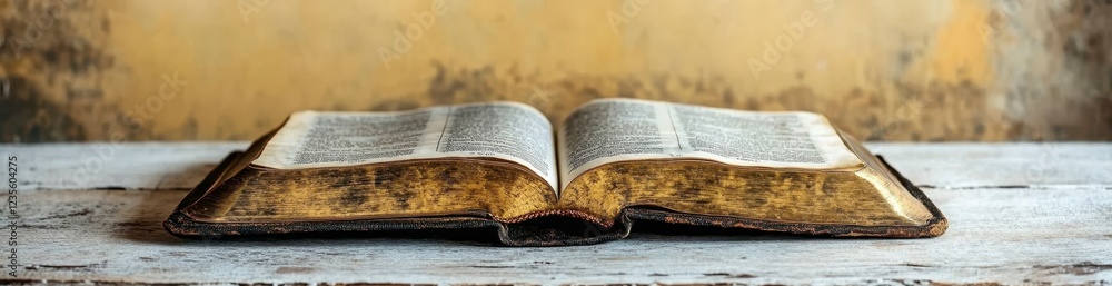 Fototapeta premium Aged, gold leafed book with burnt edges rests open on a rustic white wooden surface against a textured yellow background. The image evokes a sense of