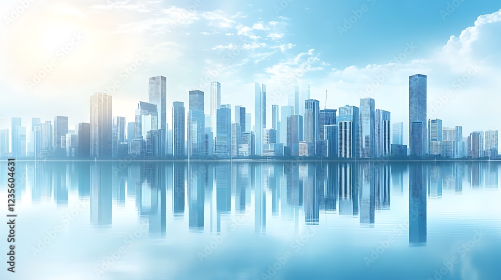 Fototapeta premium A serene city skyline reflected in water under a bright sky.