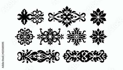 Collection of black decorative elements and ornaments.