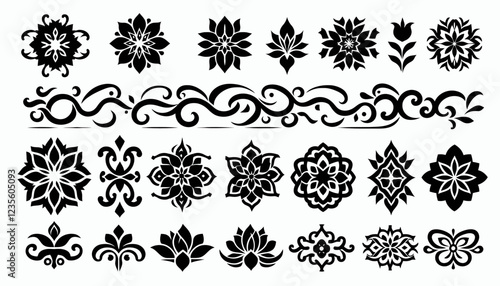 Collection of black decorative floral elements and ornaments on white background.