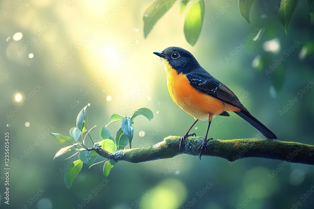 Fototapeta premium A vibrant bird perched on a moss-covered branch in a sunlit forest.