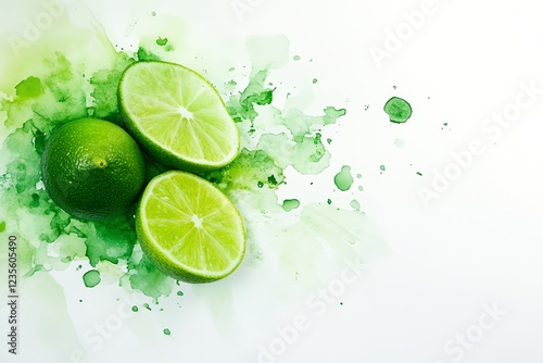 Fresh green limes sliced in half, with a vibrant watercolor splash background representing freshness and flavor.