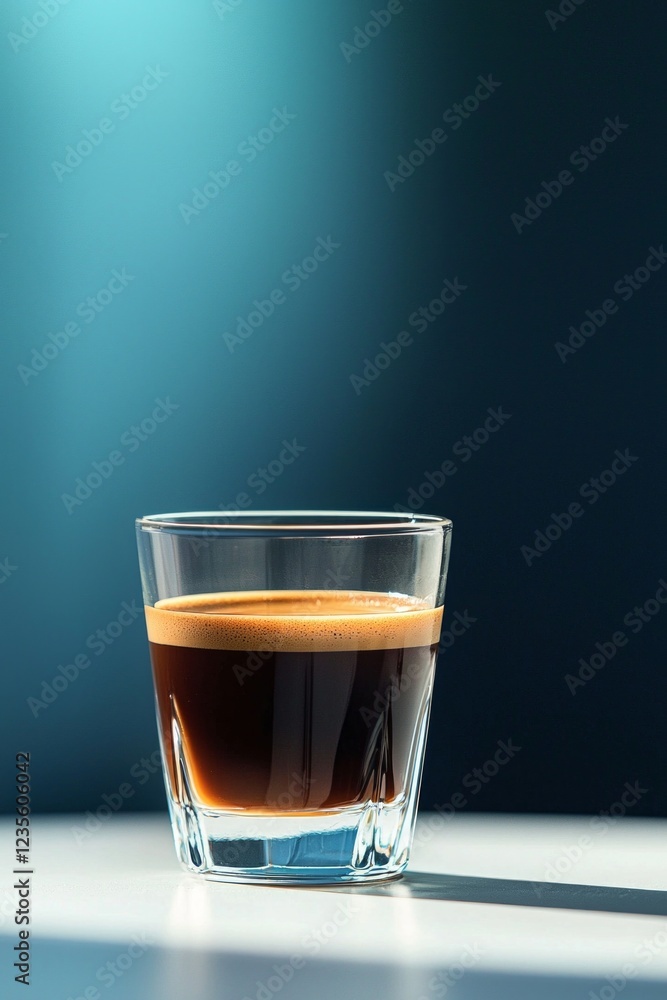 A glass of espresso coffee stands on the white table, against a dark blue background A glass of espresso coffee stands on the white table, against a dark blue background