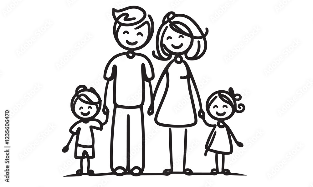 One continuous single drawing black line art doodle of people figure holding hand with family illustration One continuous single drawing black line art doodle of people figure holding hand with family illustration