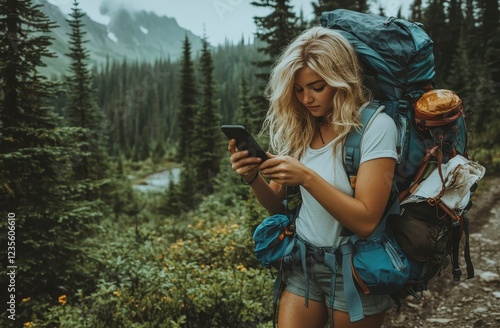 Young woman hiker with blonde curly hair uses smartphone while backpacking in a lush green forest. She wears a white shirt and denim shorts. Rainy photo