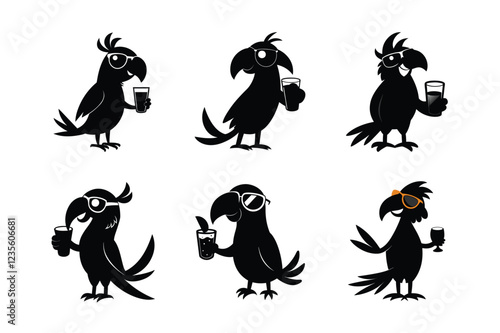 exotic animated format parrot clutching a glass while wearing sunglasses