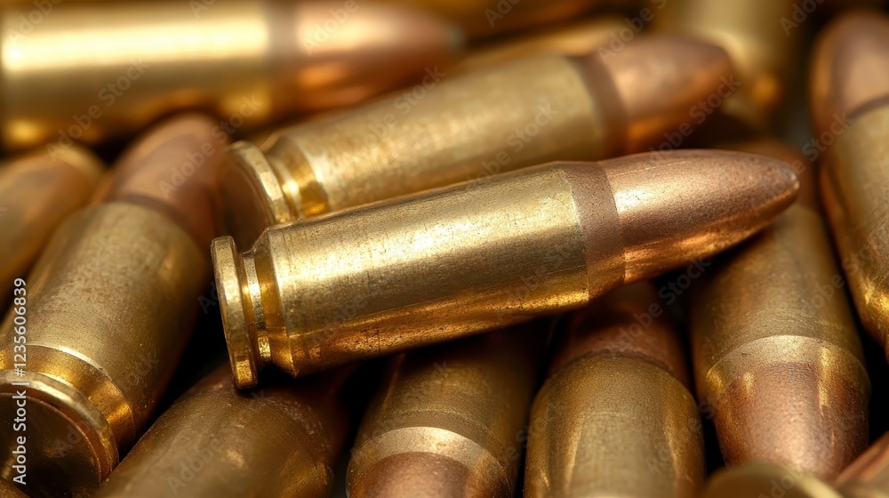 Close up view of numerous brass colored bullets, showing intricate details of their casings and tips. The bullets are piled loosely, creating a Close up view of numerous brass colored bullets, showing intricate details of their casings and tips. The bullets are piled loosely, creating a