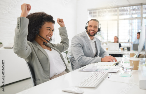 Agent, excited or woman winning in call center for consulting bonus, online help or good news. Victory, computer or happy advisor in CRM agency with success, telemarketing target or sales achievement