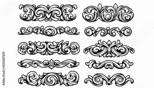 Collection of Elegant Black and White Ornate Design Elements.