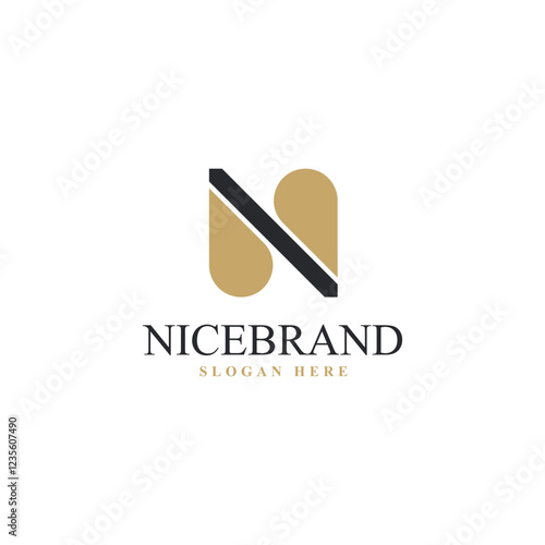 Elegant N-shaped logo with lines and two water drop motifs in black and light brown. Perfect for water-related brands, eco-friendly businesses, and design agencies. Modern, clean, and professional loo