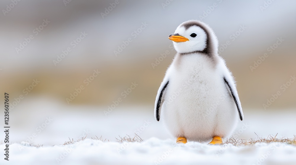 Fototapeta premium Cute baby penguin chick standing on the snow during a bright winter day.
