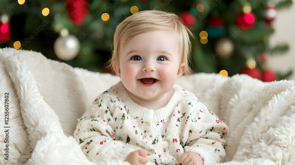 Happy baby smiling near Christmas tree Happy baby smiling near Christmas tree
