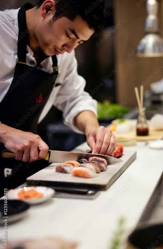 An Asian sushi chef slicing fresh fish with precision at a sushi bar An Asian sushi chef slicing fresh fish with precision at a sushi bar