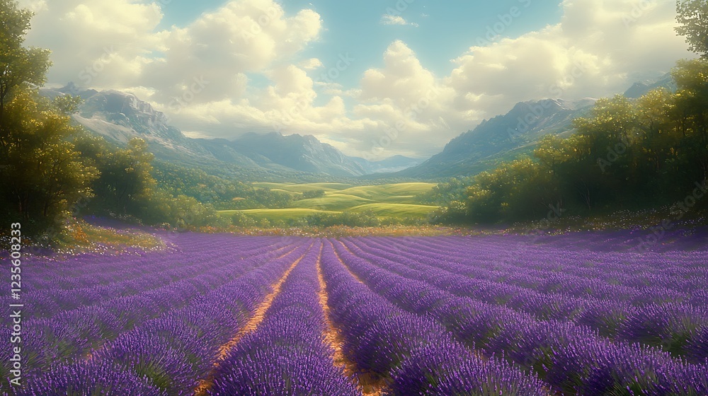 Obraz premium Lavender field valley, sunny day, mountain view, idyllic landscape, travel postcard