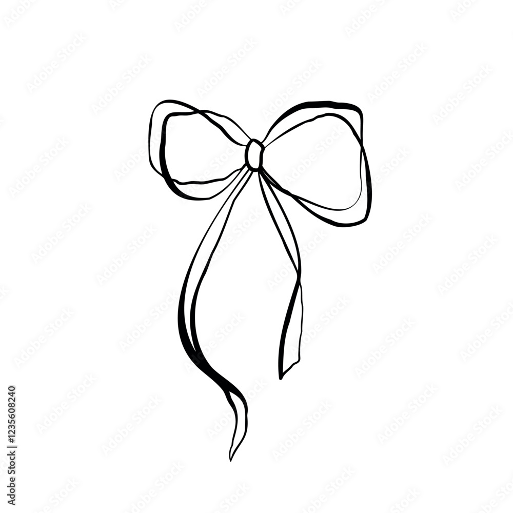 Bow in hand line art drawing in sketchy style. Hand holding decorative ribbon bow. Black linear design hand drawn vector illustration Bow in hand line art drawing in sketchy style. Hand holding decorative ribbon bow. Black linear design hand drawn vector illustration
